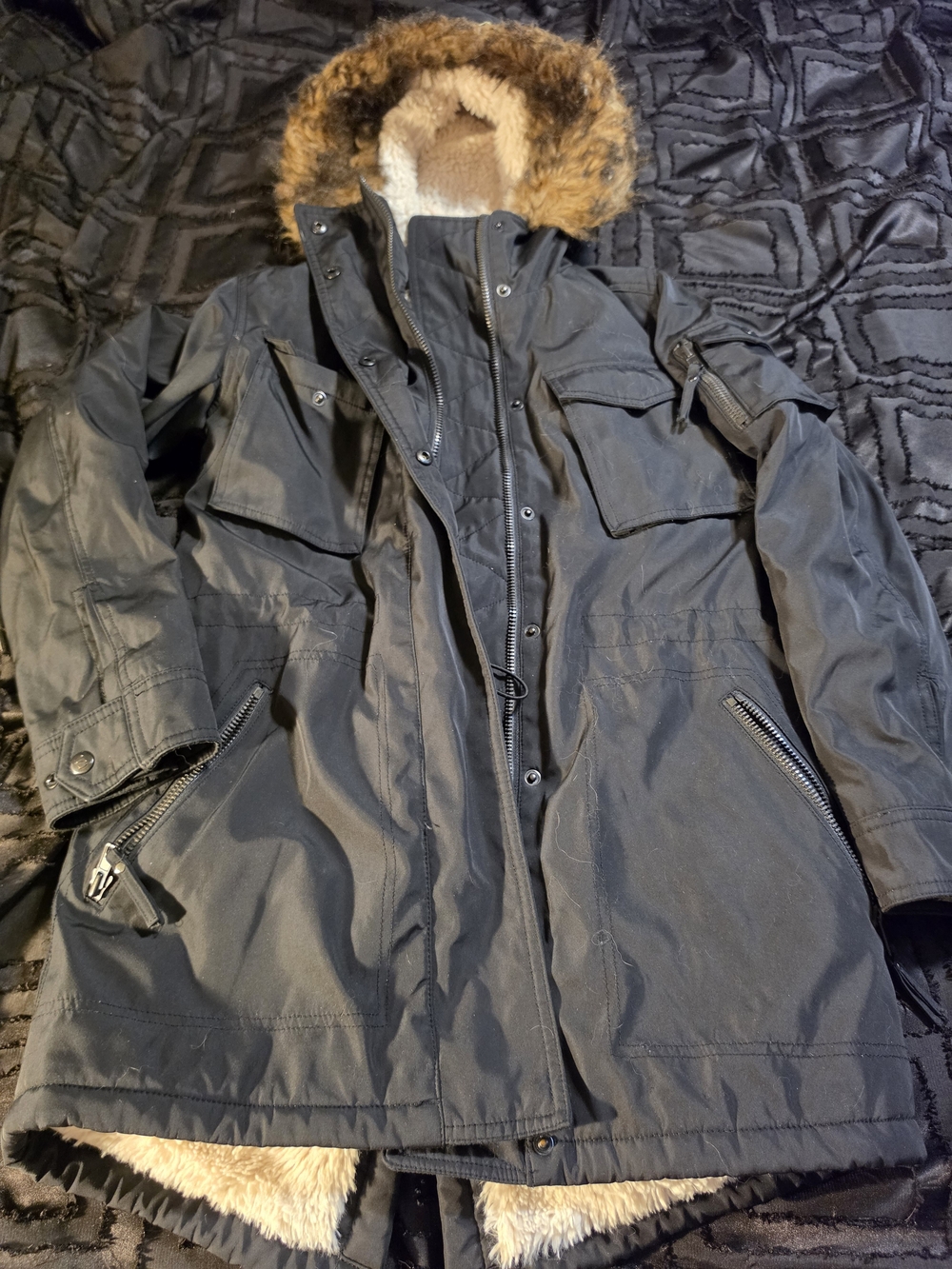 Men's Black Military Field Parka with Faux Fur Hood
